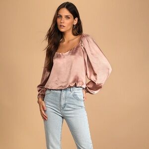 🌻3 for $18 Lulu's Reunited With Style Pink Satin Long Sleeve Top Size Medium